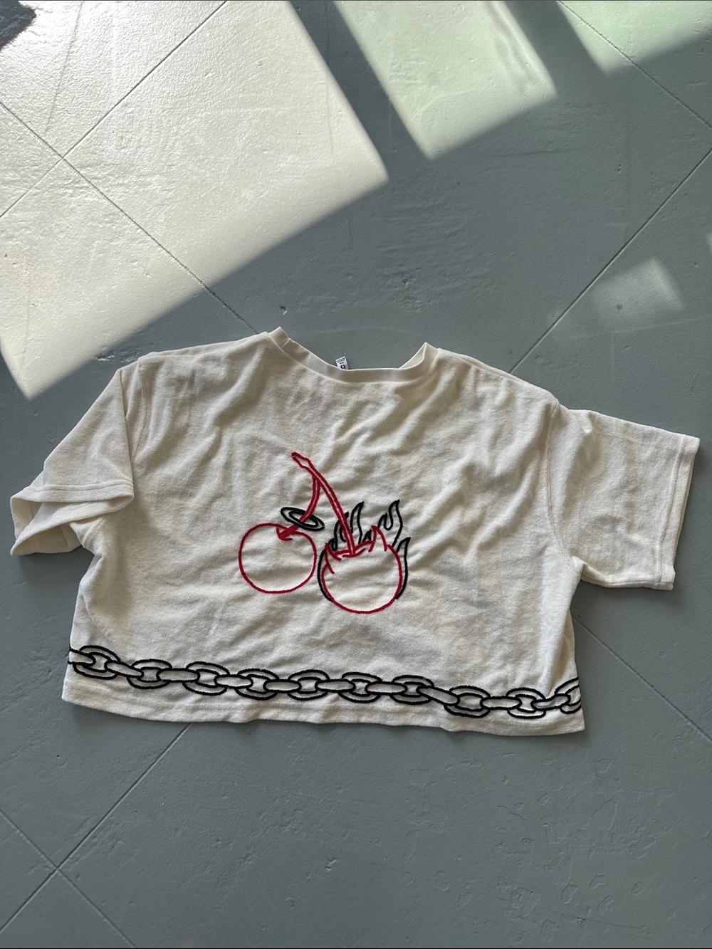 Off white terry crop top with hand embroidered cherry graphic on back - Picture 1 of 5